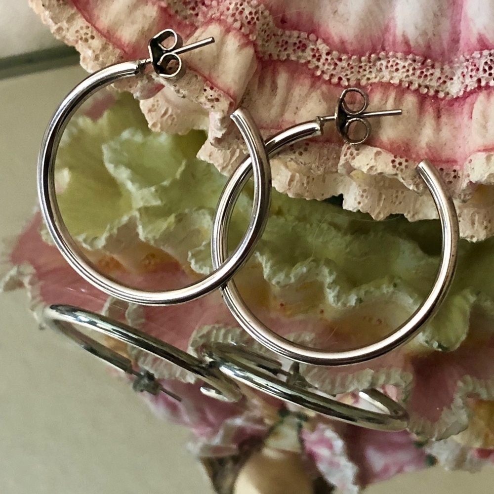 1” Silver Hoops with Post Back Closure Butterfly Earring Backs Vintage Estate